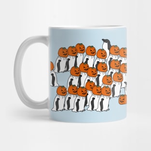 Halloween Horror Party of Penguins wearing Pumpkin Head Costumes Mug